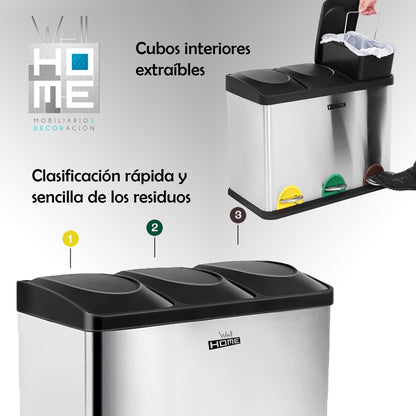 Cubo de Reciclaje Ecológico de 45 L - 3 Compartimentos con Pedales ECO-HOME