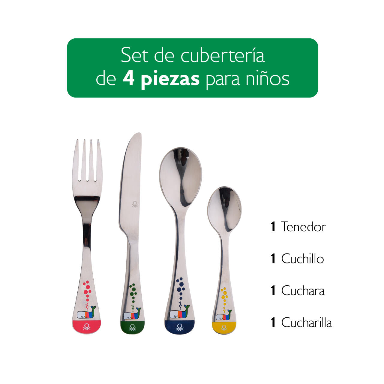 Set 4PC Cubertería Infantil de Acero Inoxidable Benetton